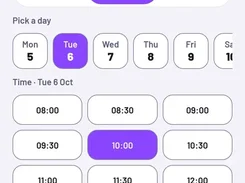 FitDesk booking screen for requesting a 60-minute training session, with day and time-slot selectors and a request button.
