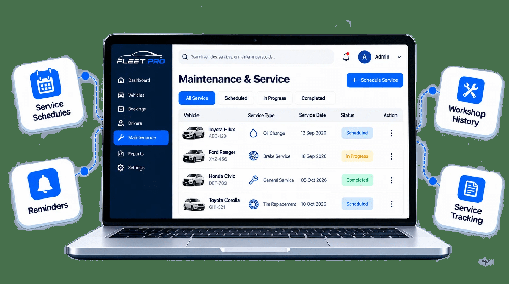 FleetPro Maintenance & Service page on a laptop listing vehicles, service types, dates, and scheduled, in-progress, and completed statuses.