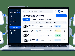 FleetPro Maintenance & Service page on a laptop listing vehicles, service types, dates, and scheduled, in-progress, and completed statuses.