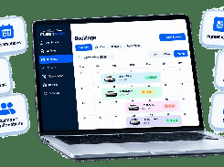 FleetPro Bookings calendar on a laptop showing scheduled vehicle bookings and feature callouts for reservations, agreements, handover, billing, and calendar sync.