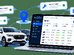 FleetPro Vehicles page on a laptop showing vehicle totals and a table of vehicle registrations, statuses, insurance, and next-service dates, surrounded by feature callouts.