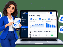 FleetPro Fleet Reporting dashboard on a laptop showing total vehicles, utilisation, fuel costs, line and bar charts, and vehicle-performance rows, beside a stylized woman holding a chart tablet.