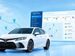 FleetPro dashboard showing vehicle, driver, maintenance, and cost summary cards, a map, and recent activity, composited behind a white sedan.