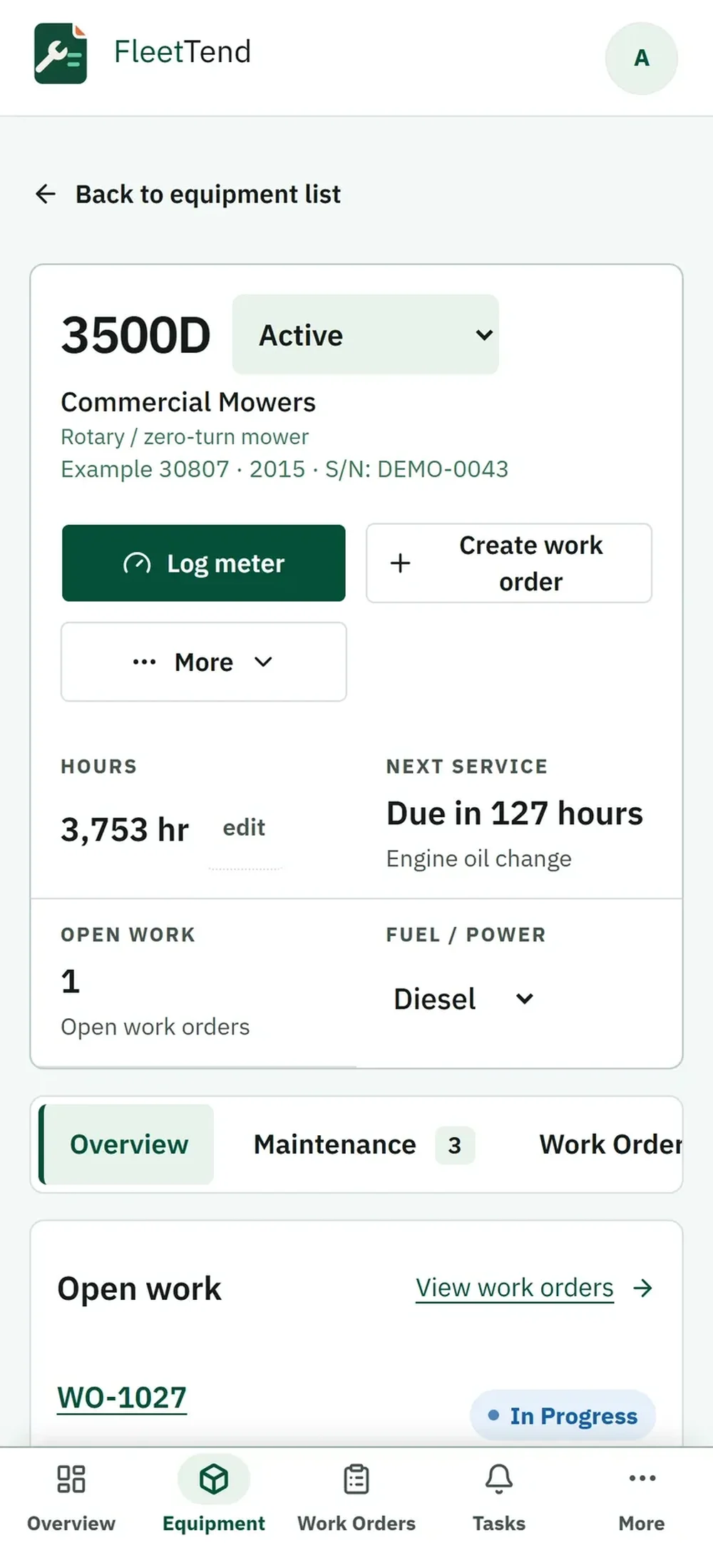 FleetTend mobile equipment detail screen for mower 3500D, showing meter hours, service due status, open work, and navigation tabs.