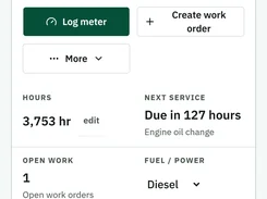 FleetTend mobile equipment detail screen for mower 3500D, showing meter hours, service due status, open work, and navigation tabs.