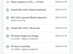 FleetTend service history list showing work-order events, meter updates, completed preventive-maintenance tasks, dates, and costs.