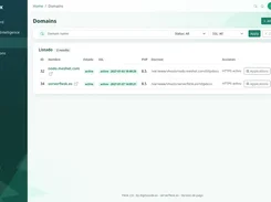 Domains list with active status, SSL details, PHP version, and document roots.