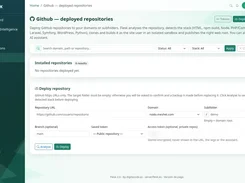 GitHub repository deployment form with domain, branch, token, analysis, and deploy controls.