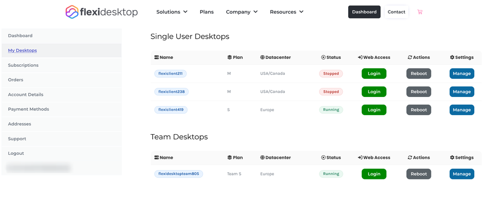Virtual desktops list in the client panel