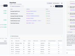 Light-theme Flitchfield calculations workspace listing six formulas, including average health score, total pest count, estimated yield, review rating, verified review count, and total order revenue.