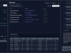 Dark-theme Flitchfield calculations workspace listing six formulas and a Field Performance data table, alongside an instructional panel.