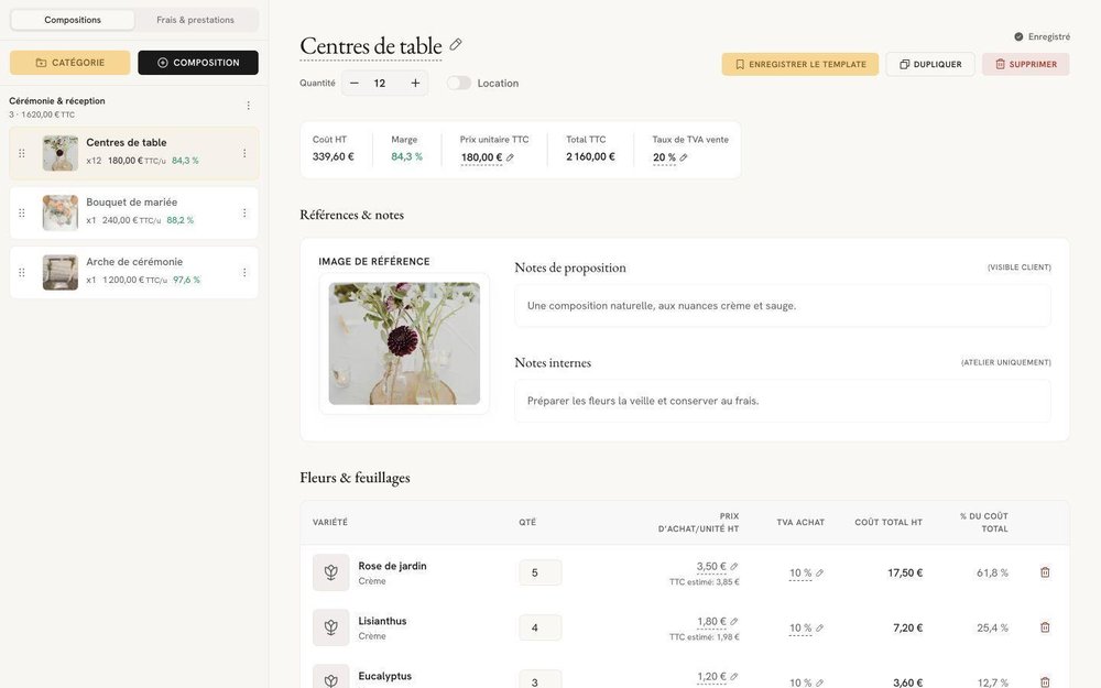 Flolya composition editor for “Centres de table” showing quantity, pricing and margin, proposal notes, reference image, and a flower-cost table.