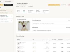 Flolya composition editor for “Centres de table” showing quantity, pricing and margin, proposal notes, reference image, and a flower-cost table.