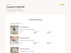 Flolya client proposal page titled “Proposition D-2026-042” listing floral compositions with quantities, unit prices, subtotals, and reference images.