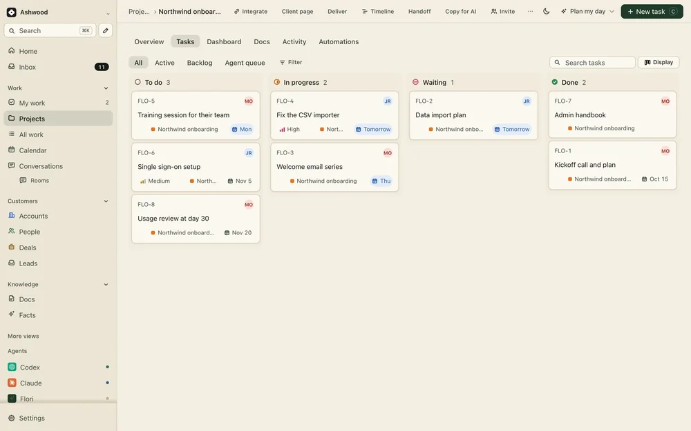 Flori project task board with To do, In progress, Waiting, and Done columns.