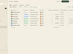 Flori customer accounts table with lifecycle, owner, deal value, and linked projects.