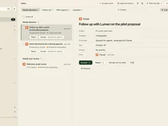Flori inbox showing AI-proposed tasks with accept, reject, and review controls.