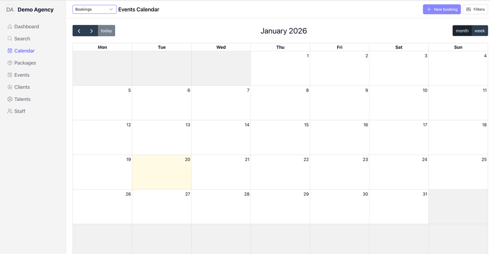 Agency management web app showing an Events Calendar in month view for January 2026, with sidebar navigation for Dashboard, Search, Calendar, Packages, Events, Clients, Talents, and Staff, plus New booking and Filters controls.