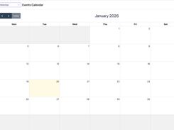 Agency management web app showing an Events Calendar in month view for January 2026, with sidebar navigation for Dashboard, Search, Calendar, Packages, Events, Clients, Talents, and Staff, plus New booking and Filters controls.