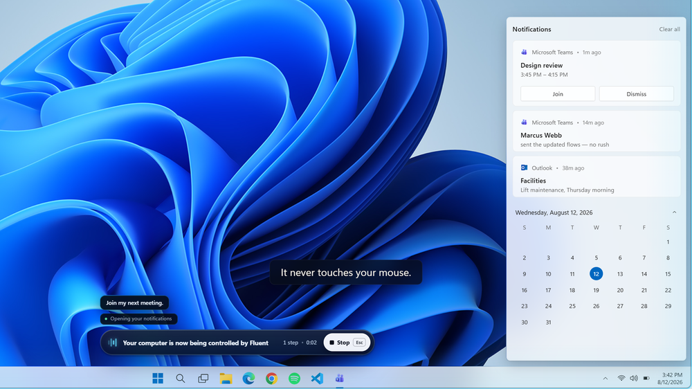 One spoken sentence, and Fluent works the real Windows controls - it never touches your mouse.
