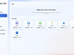 FluidVox Apps settings showing per-application writing-style selections for Discord, Mail, Messages, Notes, Outlook, Terminal, and Xcode.
