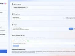 FluidVox Settings screen with language, microphone, transcription engine, and API key configuration options.