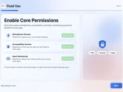 FluidVox onboarding screen for granting microphone, accessibility, and input-monitoring permissions.
