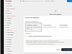 Flusia video recording page with options to record screen and webcam, screen only, or webcam only.