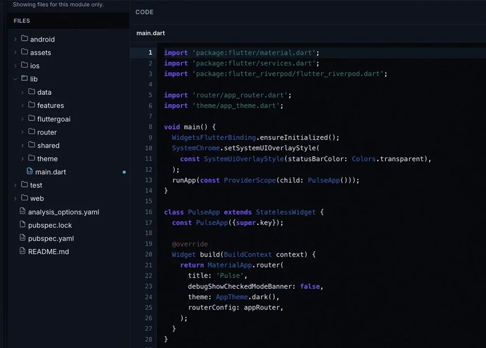Dark code-editor interface showing a Flutter project file tree and the Dart source file main.dart, including Flutter imports and a PulseApp class.
