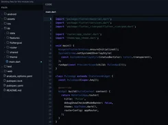 Dark code-editor interface showing a Flutter project file tree and the Dart source file main.dart, including Flutter imports and a PulseApp class.