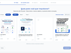 Portuguese post-selection step showing filters for 30 or 90 days, post format filters, and four selectable social-post cards.