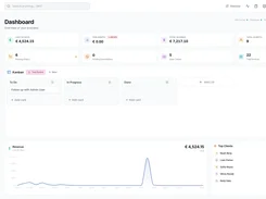 FluxBilling admin dashboard showing business metrics, a Kanban board, revenue chart, and top-client list.