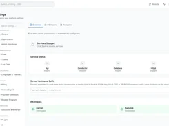 FluxBilling settings page with server-provisioning controls, stopped service indicators, server hostname suffix field, and downloadable IPA images.