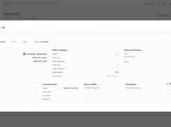 FluxBilling inventory modal for bare-metal server AMS1-BM-201, with location, asset information, credentials, network allocation, storage, and hardware fields.