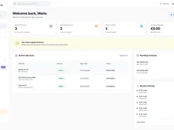 FluxBilling client portal dashboard showing active services, pending invoices, open tickets, account balance, recent activity, and a sidebar for services and support.