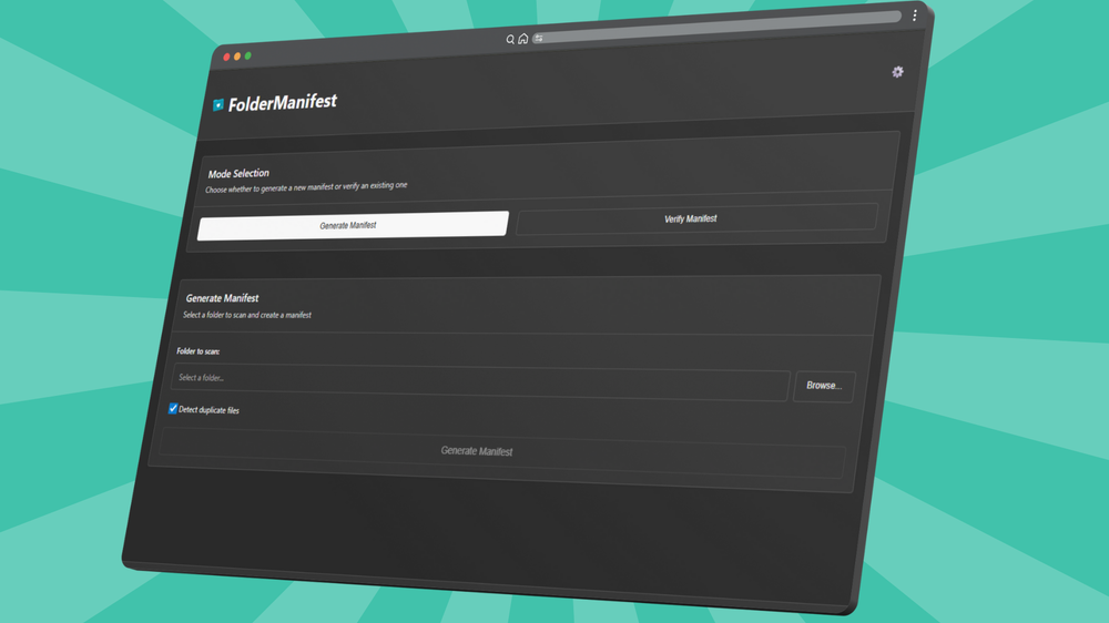 The starting screen of FolderManifest, where users select a folder to scan and choose between generating or verifying a manifest. With one click, the tool prepares a detailed HTML report of folder structure, duplicates, and checksums — fully offline.