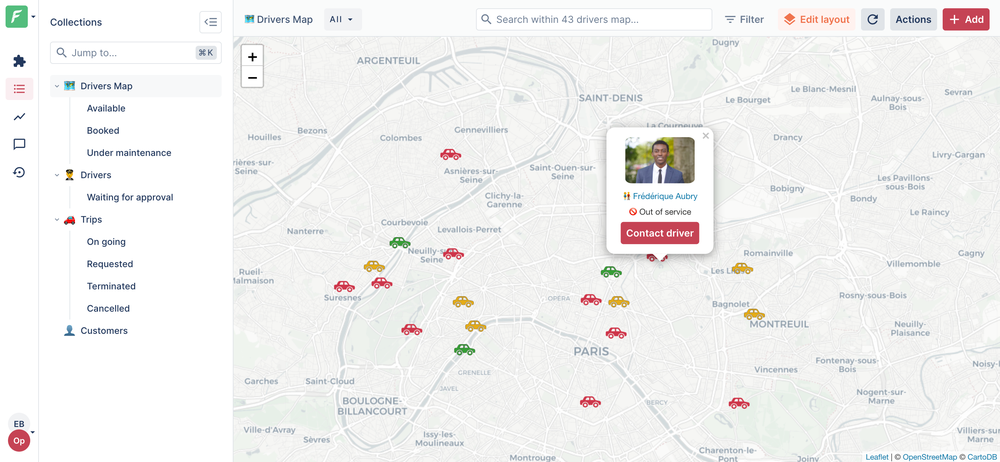 Forest Admin Data View (example from a fleet management live demo).