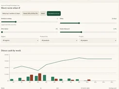 Forevana short-term what-if controls above a direct cash-by-week chart with weekly inflow and outflow bars.