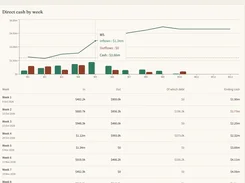 Forevana direct cash-by-week chart with a tooltip for week five and a table of weekly cash inflows, outflows, debt, and ending cash.