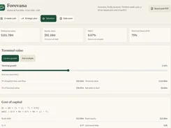Forevana Valuation dashboard with enterprise value, equity value, WACC, terminal-value controls, and cost-of-capital figures.