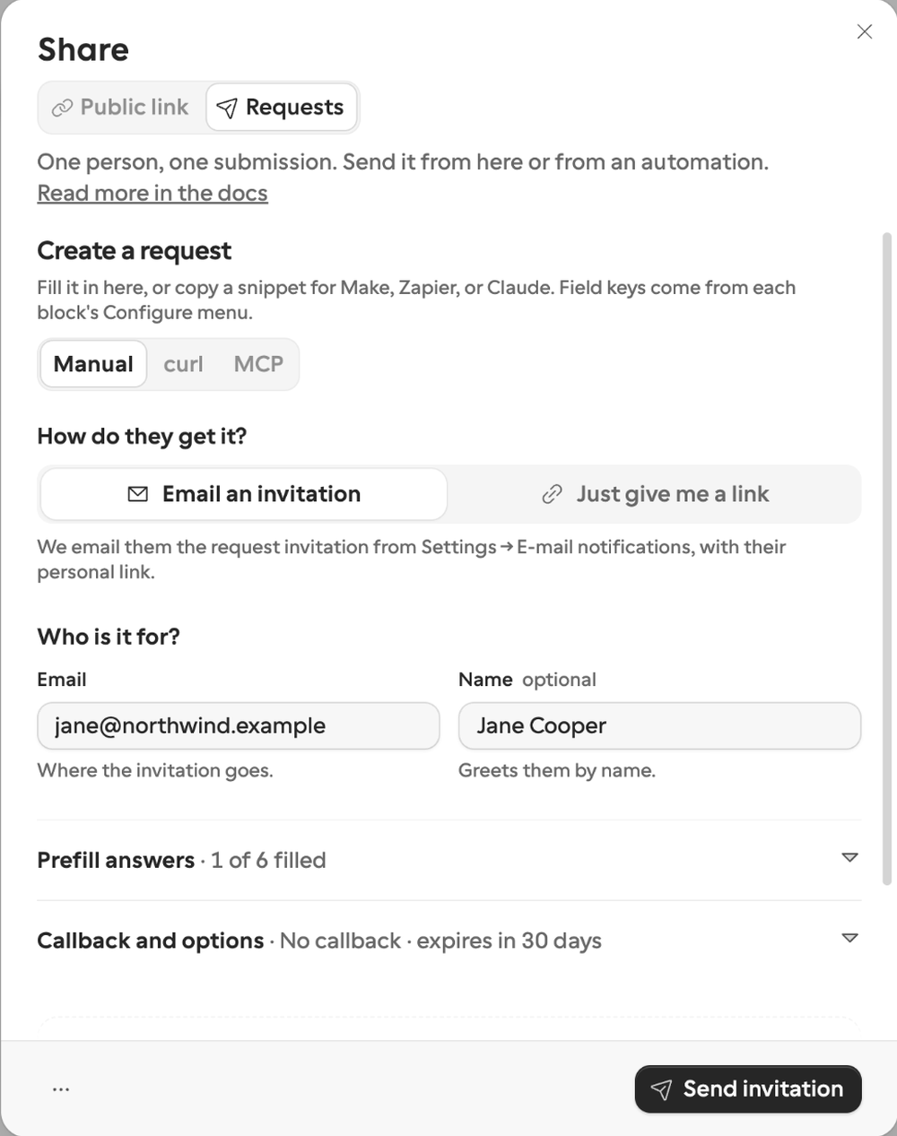 Formstep Share dialog for creating a request, with invitation delivery options, recipient email and name fields, prefill answers, and a Send invitation button.