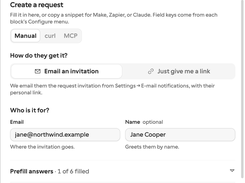 Formstep Share dialog for creating a request, with invitation delivery options, recipient email and name fields, prefill answers, and a Send invitation button.
