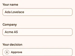 Mobile approval form branded Formstep, showing fields for name and company, approval choices, and a signature field.