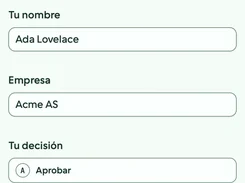 Spanish-language mobile approval form with name and company fields, decision choices, and a signature field.