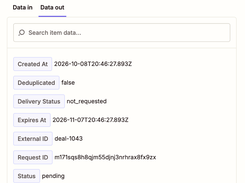 Zapier results panel titled “Send Request to Formstep,” displaying request status, timestamps, external ID, request ID, and request URL.