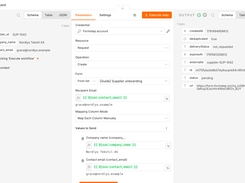 Workflow automation interface configuring a Formstep request using supplier data, recipient email mapping, form selection, and output fields.