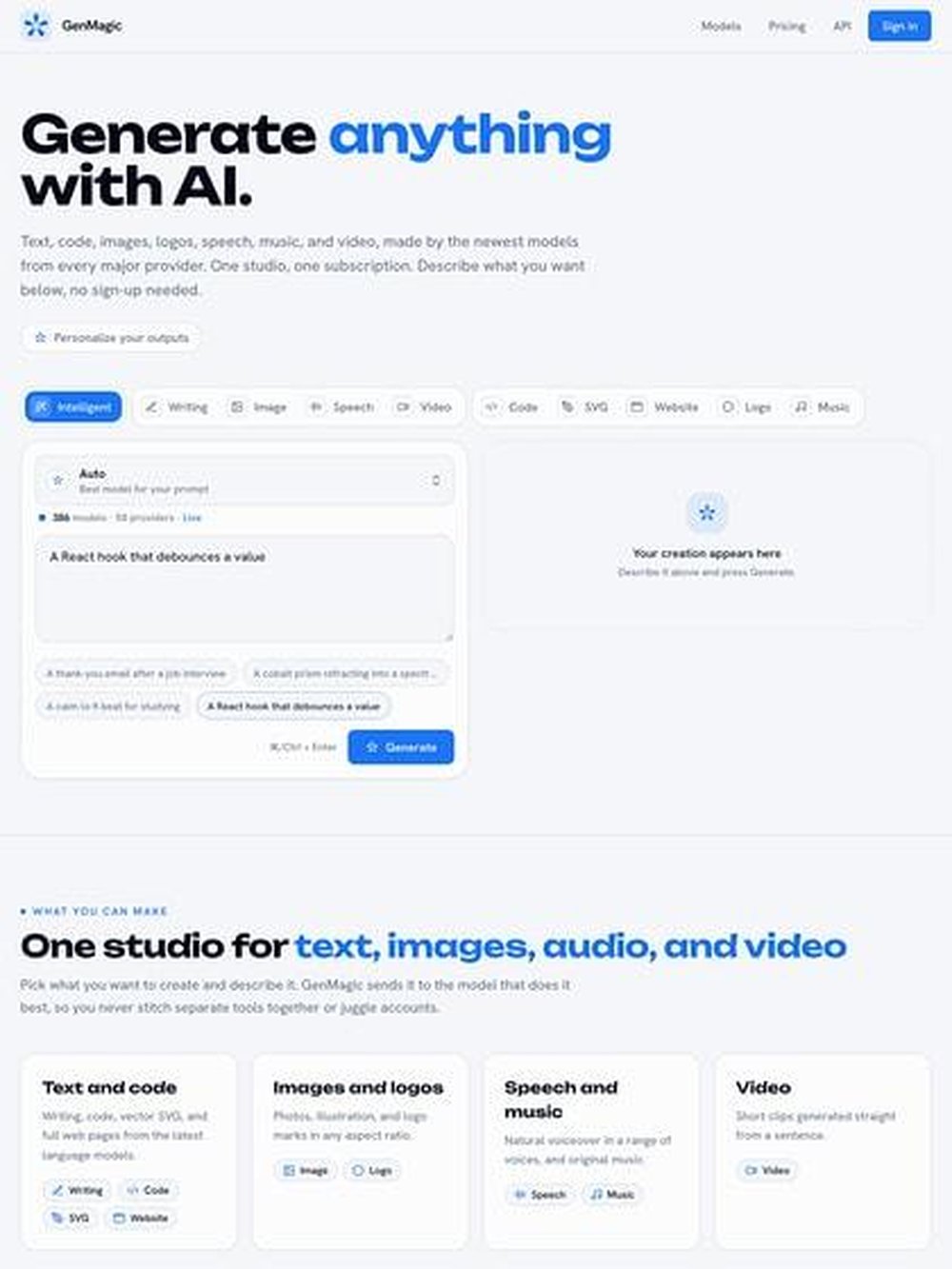 GenMagic webpage with the headline “Generate anything with AI,” a prompt input and Generate button, and cards for text and code, images and logos, speech and music, and video.