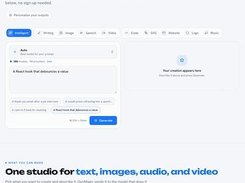 GenMagic webpage with the headline “Generate anything with AI,” a prompt input and Generate button, and cards for text and code, images and logos, speech and music, and video.