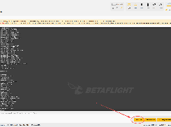Betaflight App CLI page with configuration command output in a dark console and a red annotation pointing to the Save to File button.
