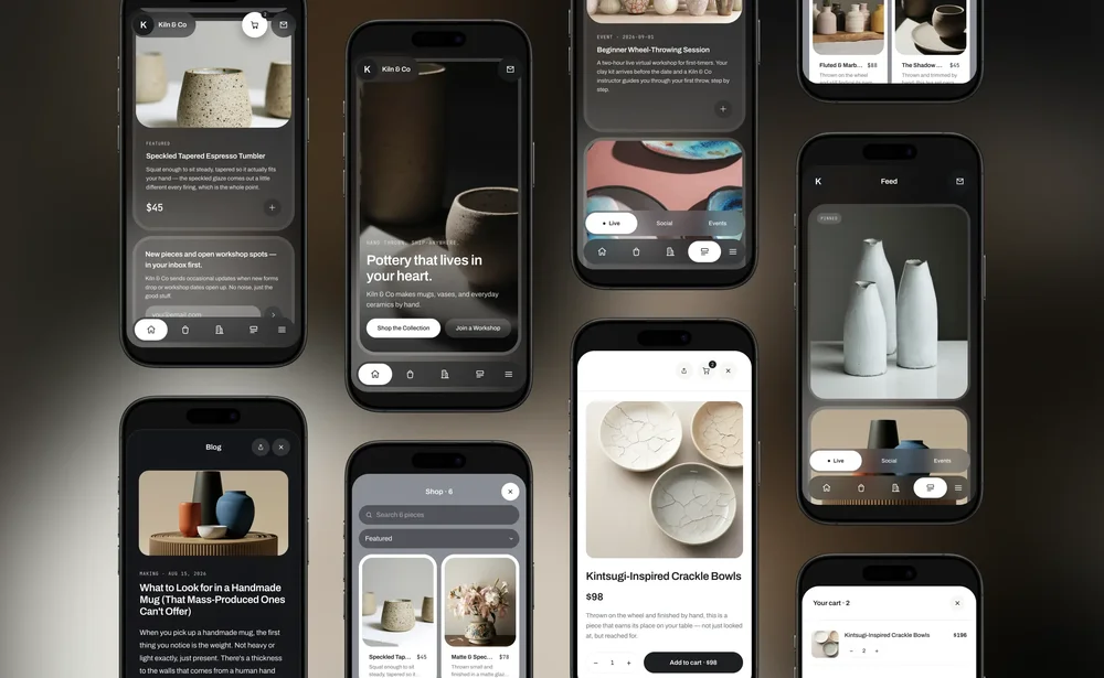 A collage of smartphone mockups showing a pottery business app/site with product listings, feed, event, blog, shop, product-detail, and cart screens.